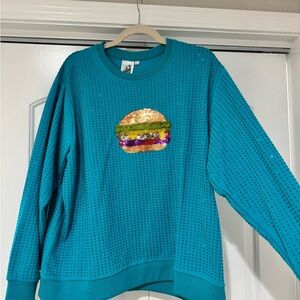 QUEEN OF SPARKLES. Hamburgers blue sweatshirt. Great condition.size large.